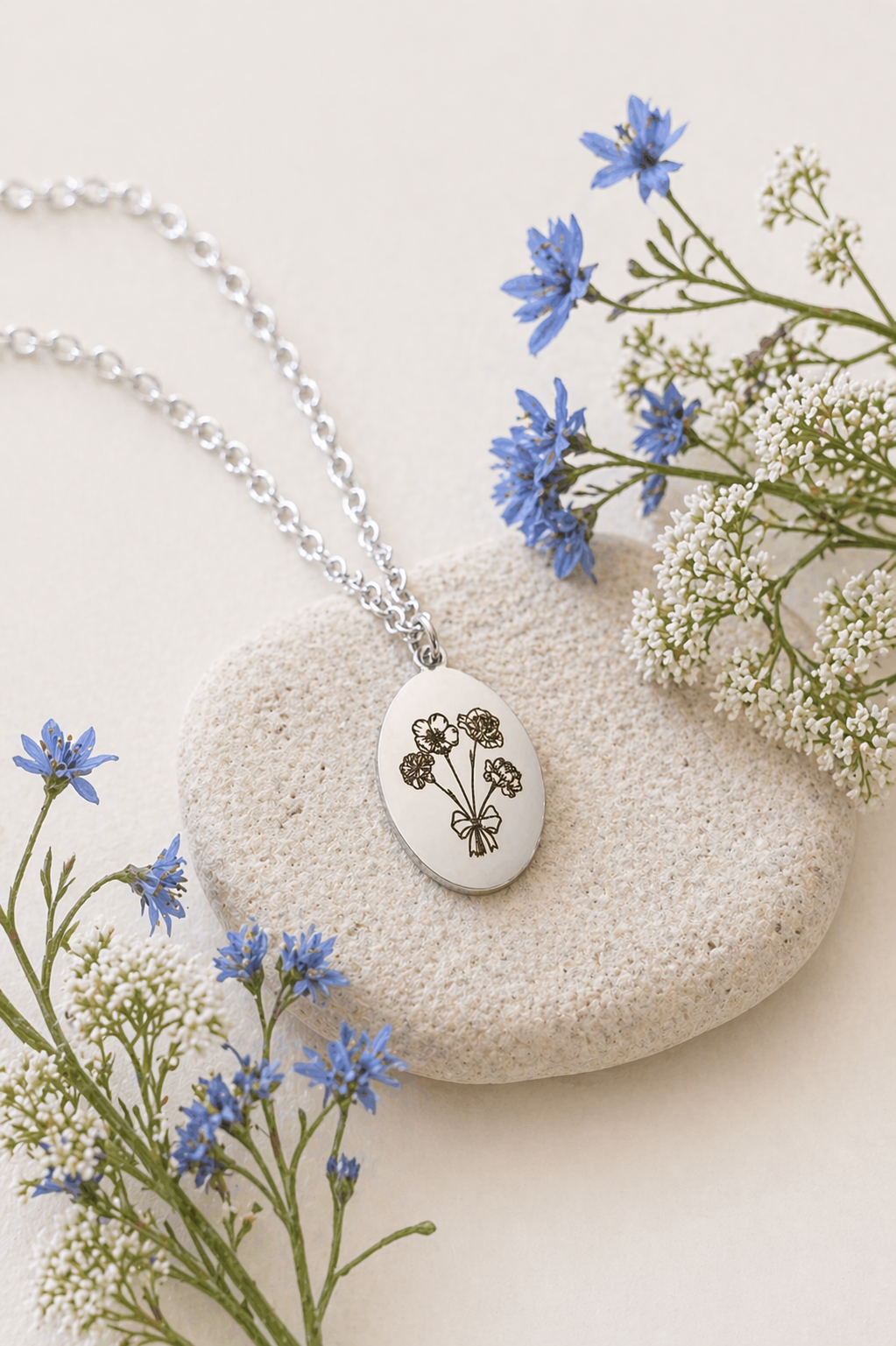 Custom Birth Flower Necklace Oval