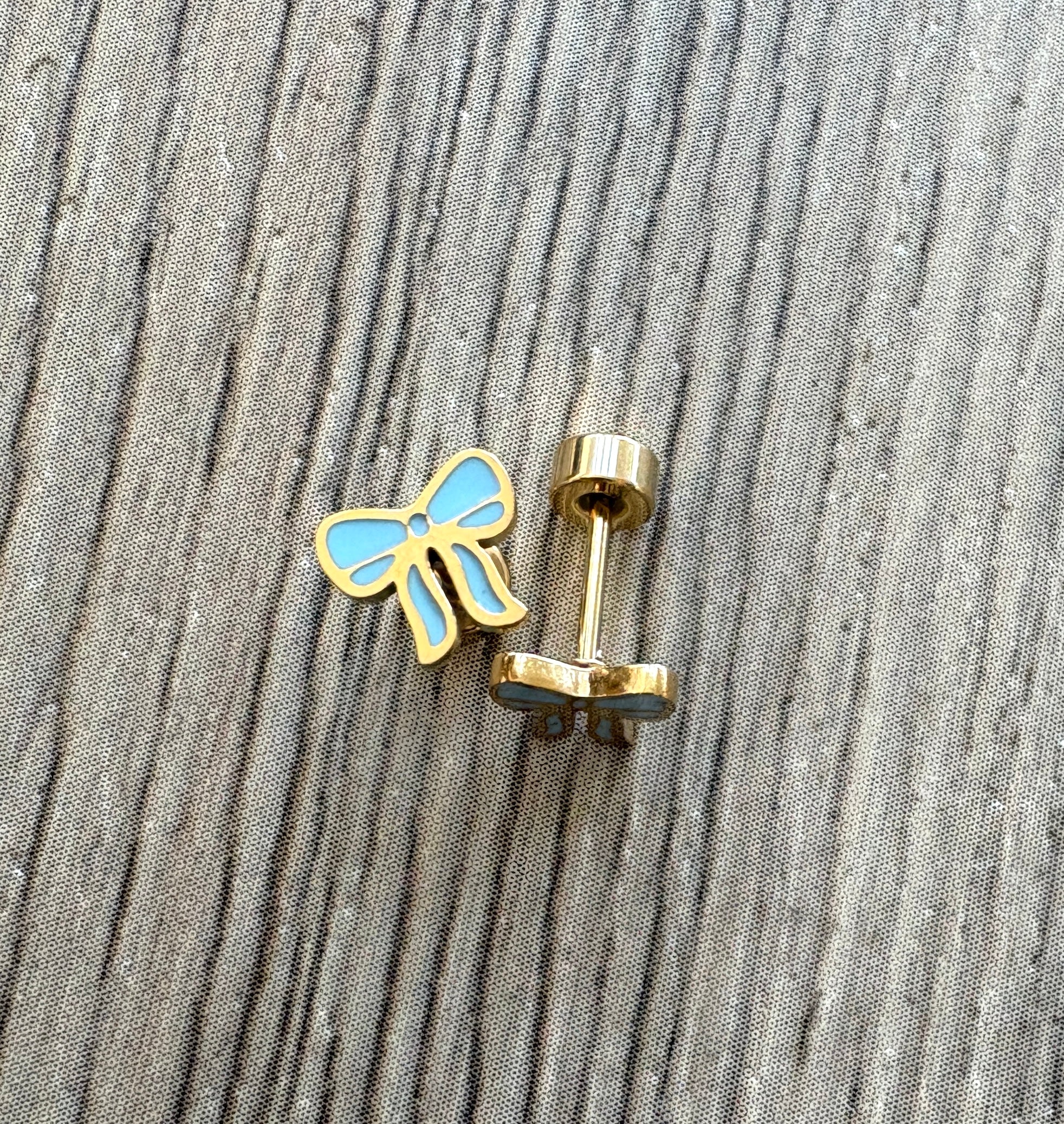 Gold Blue Bows Flat Back Stud Earings