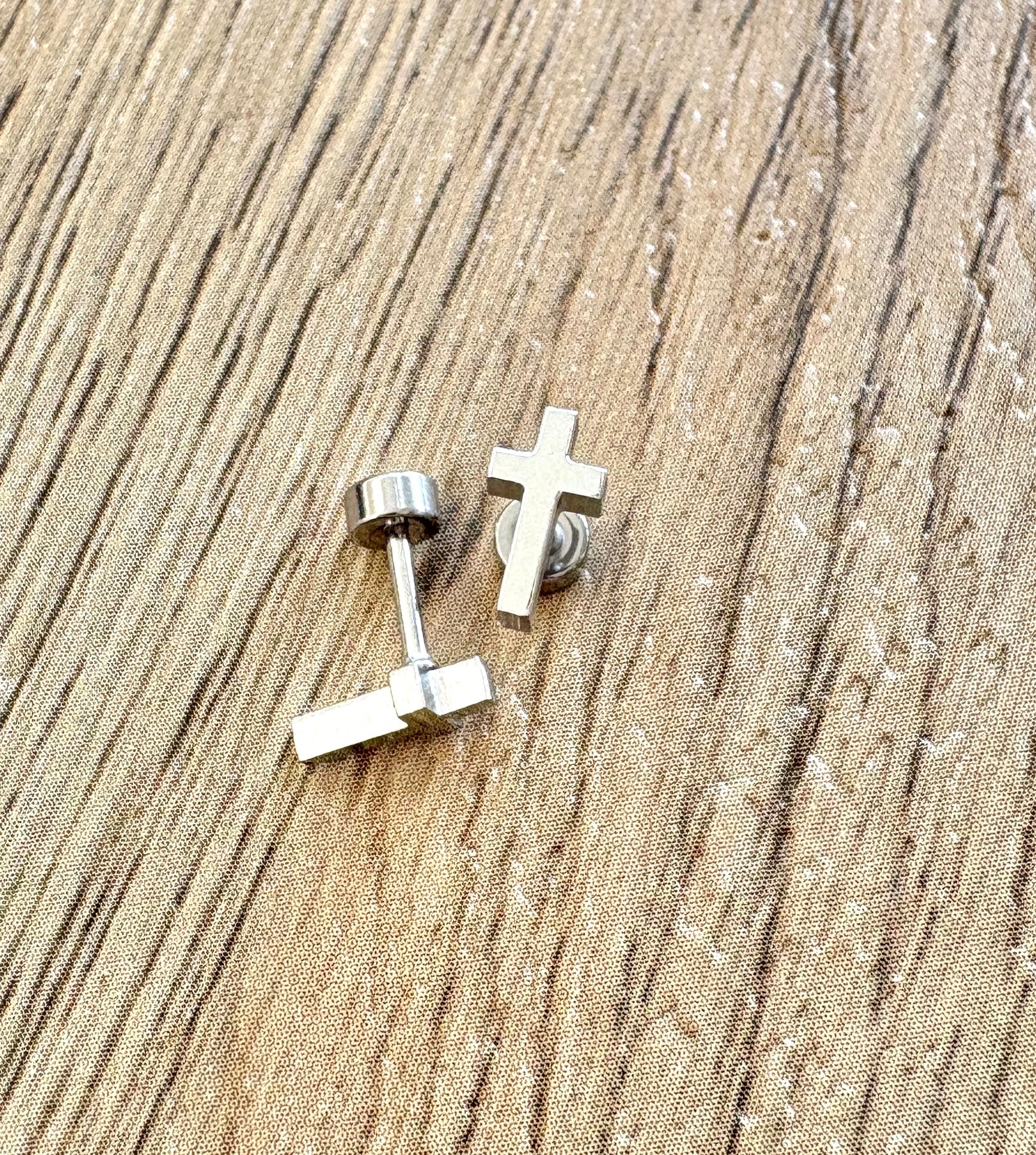 Silver Dainty Cross Flat Back Stud Earings