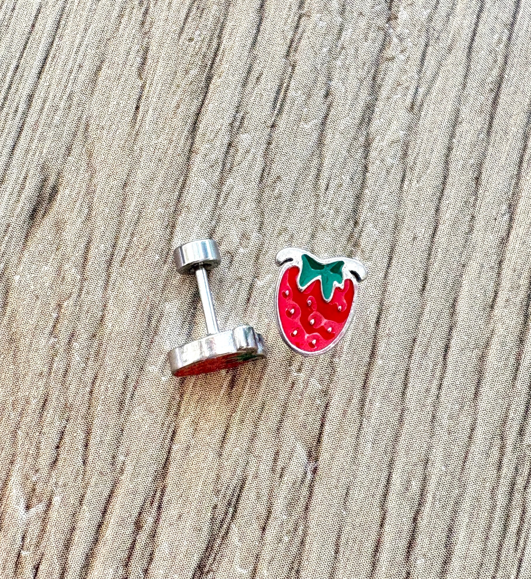 Silver Strawberry Flat Back Stud Earings