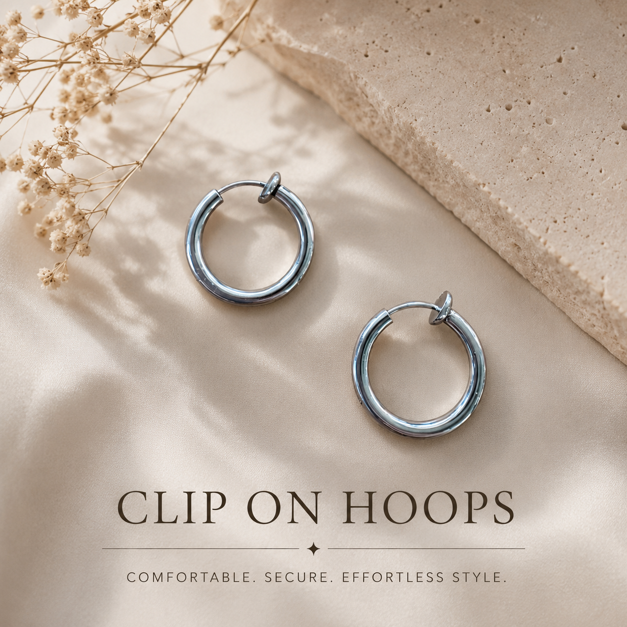 Simple Stainless Steel Silver CLIP ON Hoops- 6 sizes