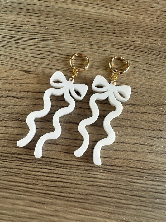 White Acrylic Bow Gold Hoop Earrings