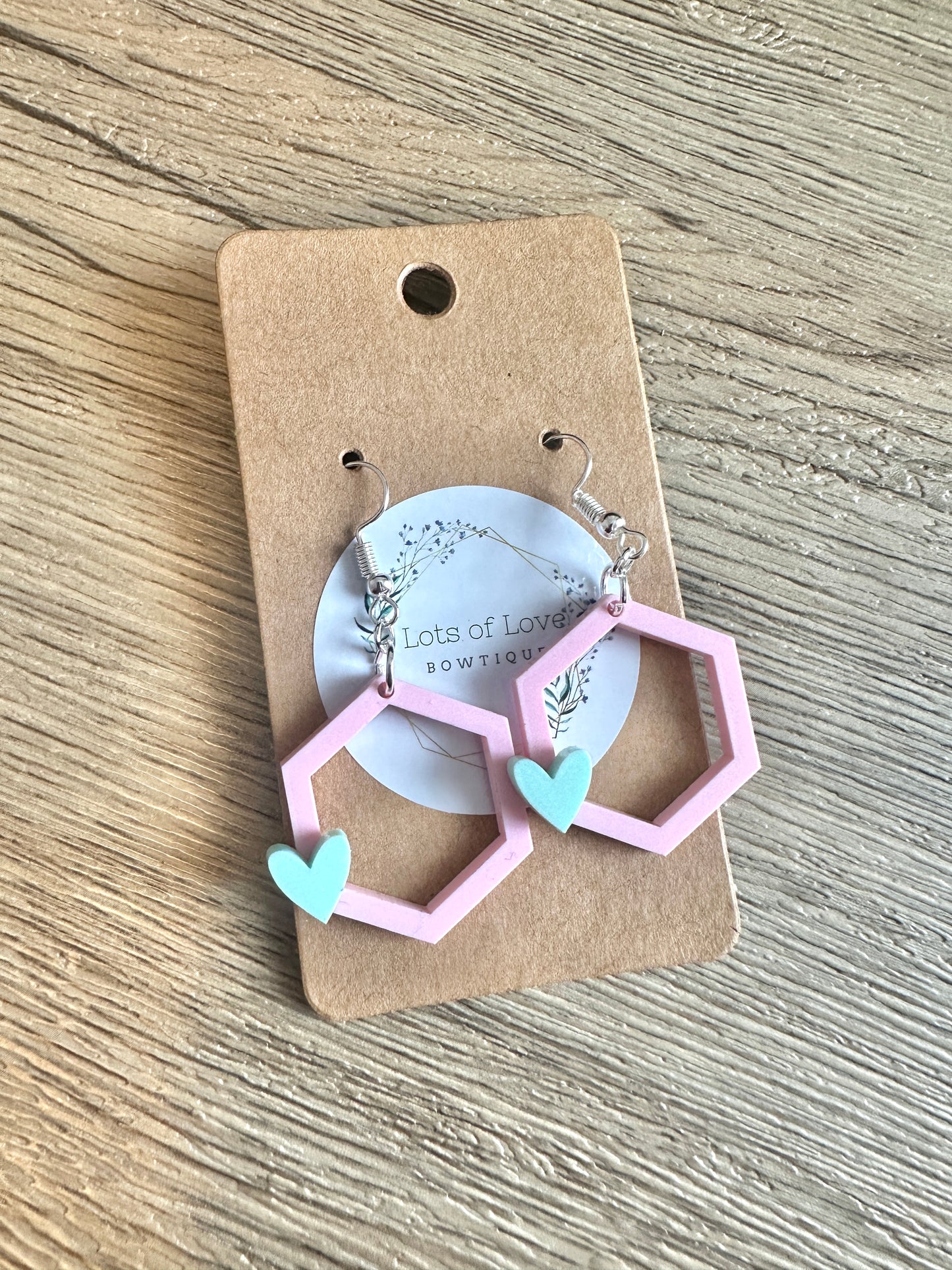 Pink Hexagon Mint Heart Earrings