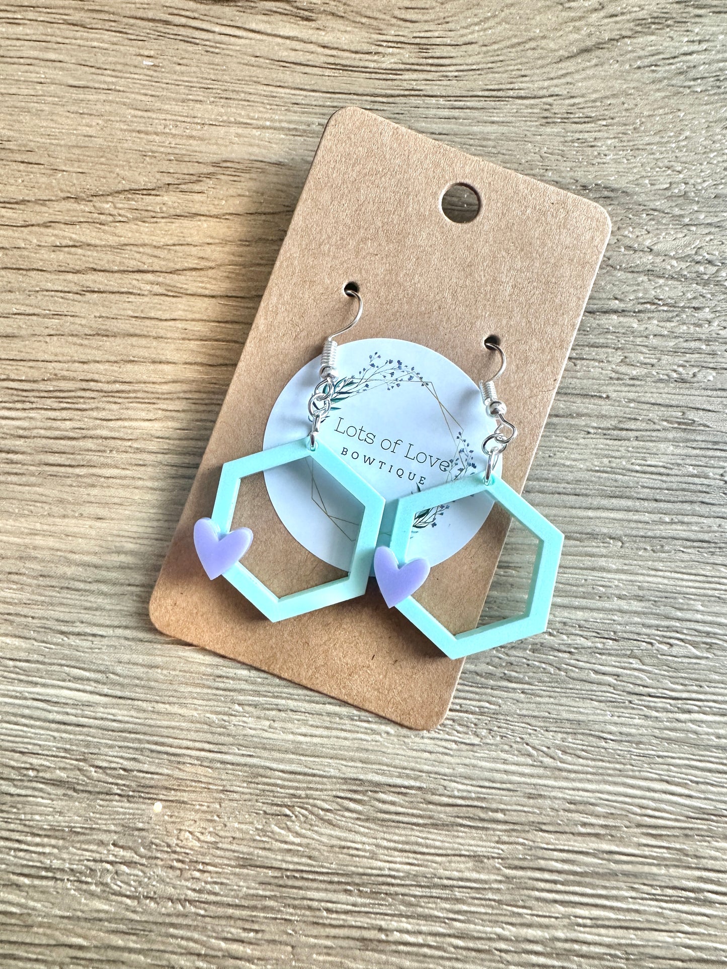 Mint Hexagon Purple Heart Earrings