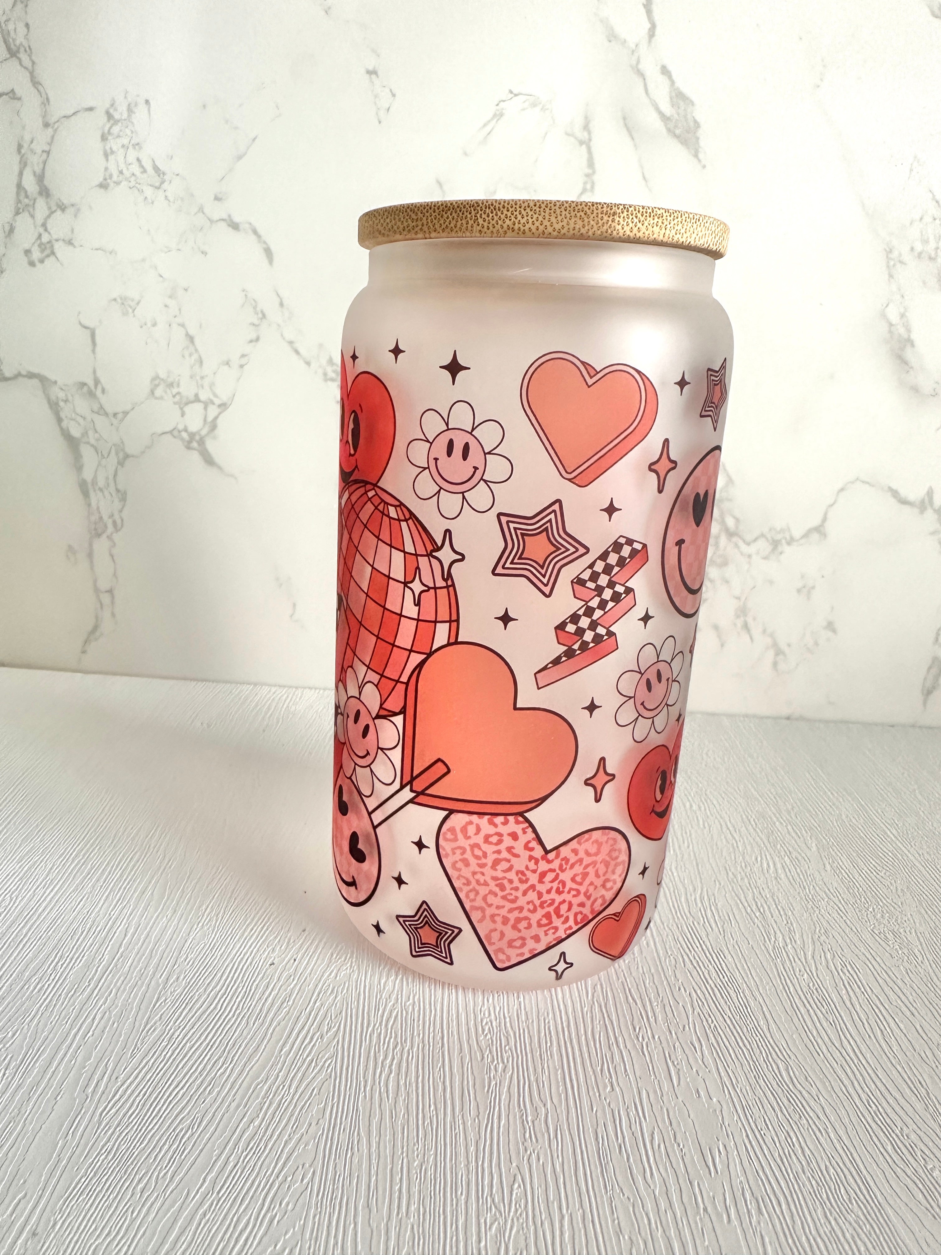 Heart and Smile 16 oz Frosted Glass Tumbler