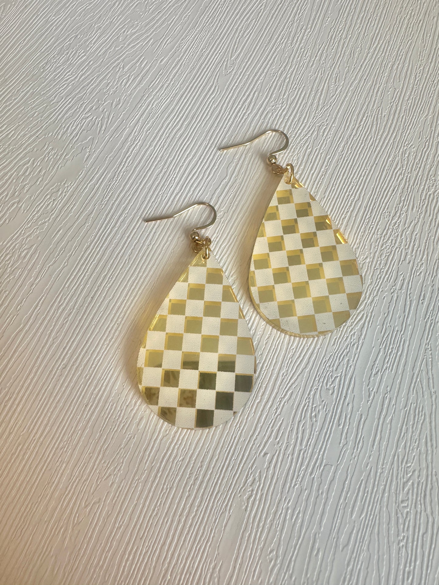 Gold Mirror Checkerboard Teardrop Earrings