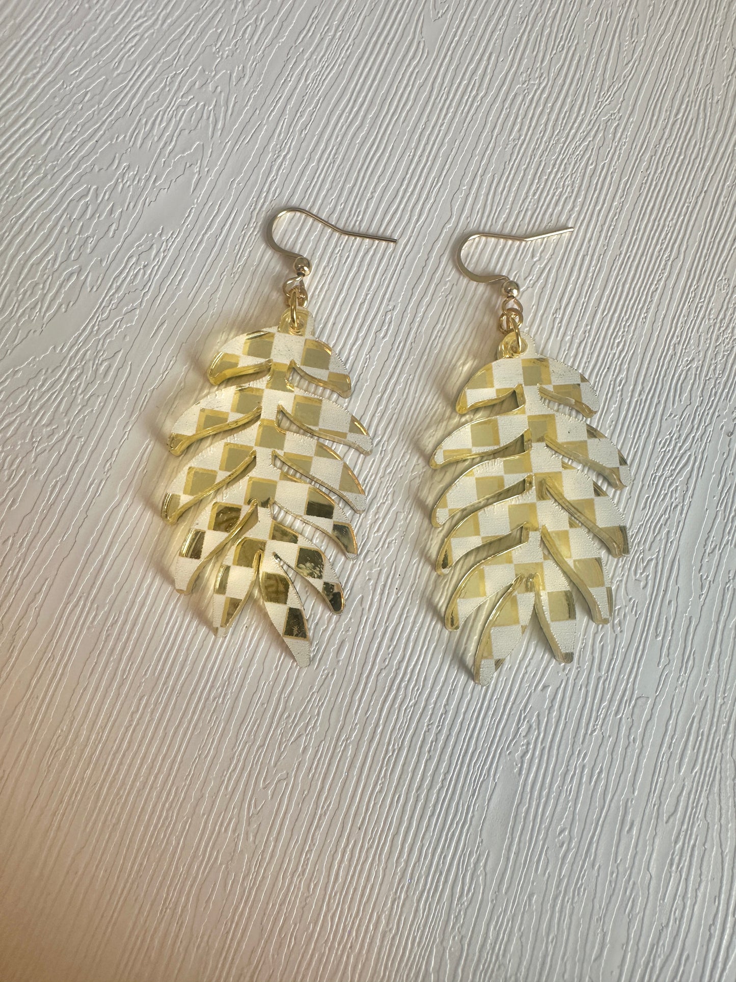 Gold Mirror Checkerboard Leaf Earrings