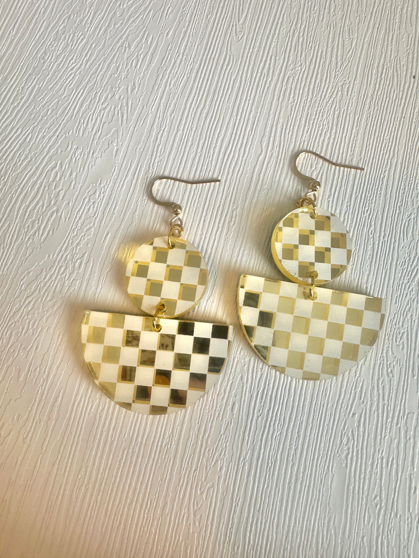 Gold Mirror Checkerboard Half Circle Drop Earrings