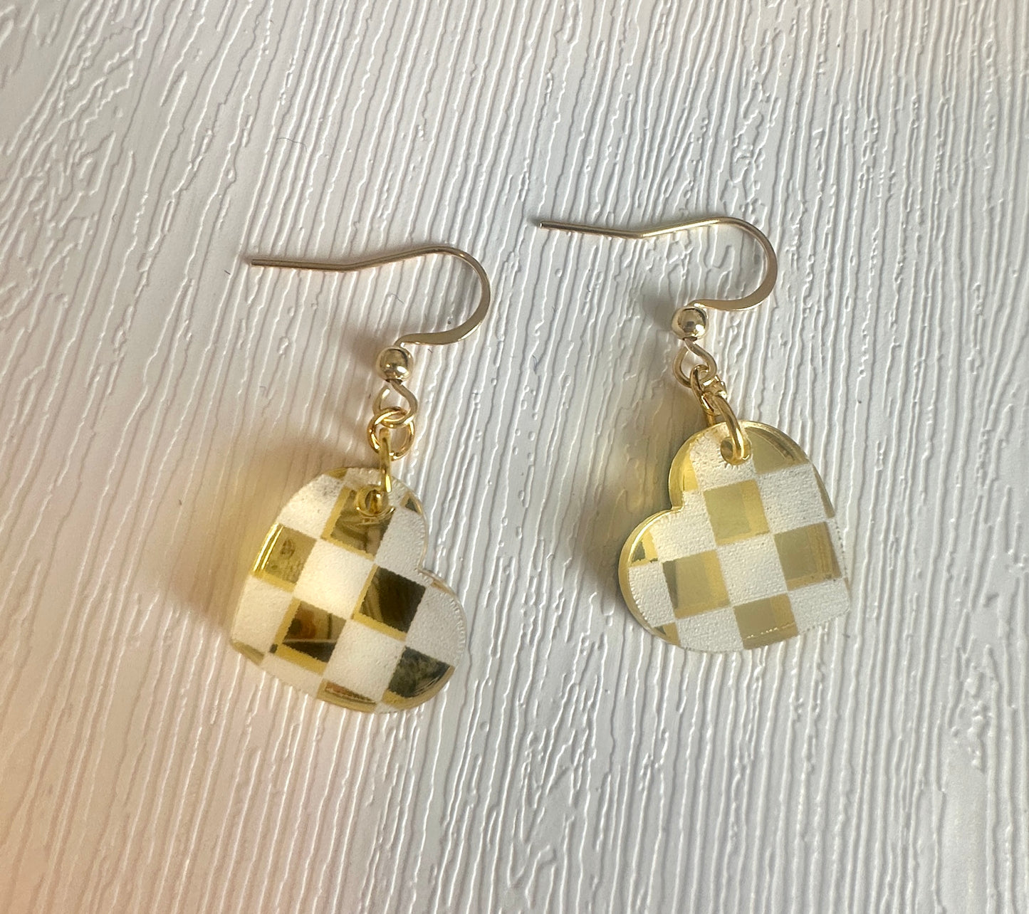 Gold Mirror Checkerboard Mini Heart Earrings