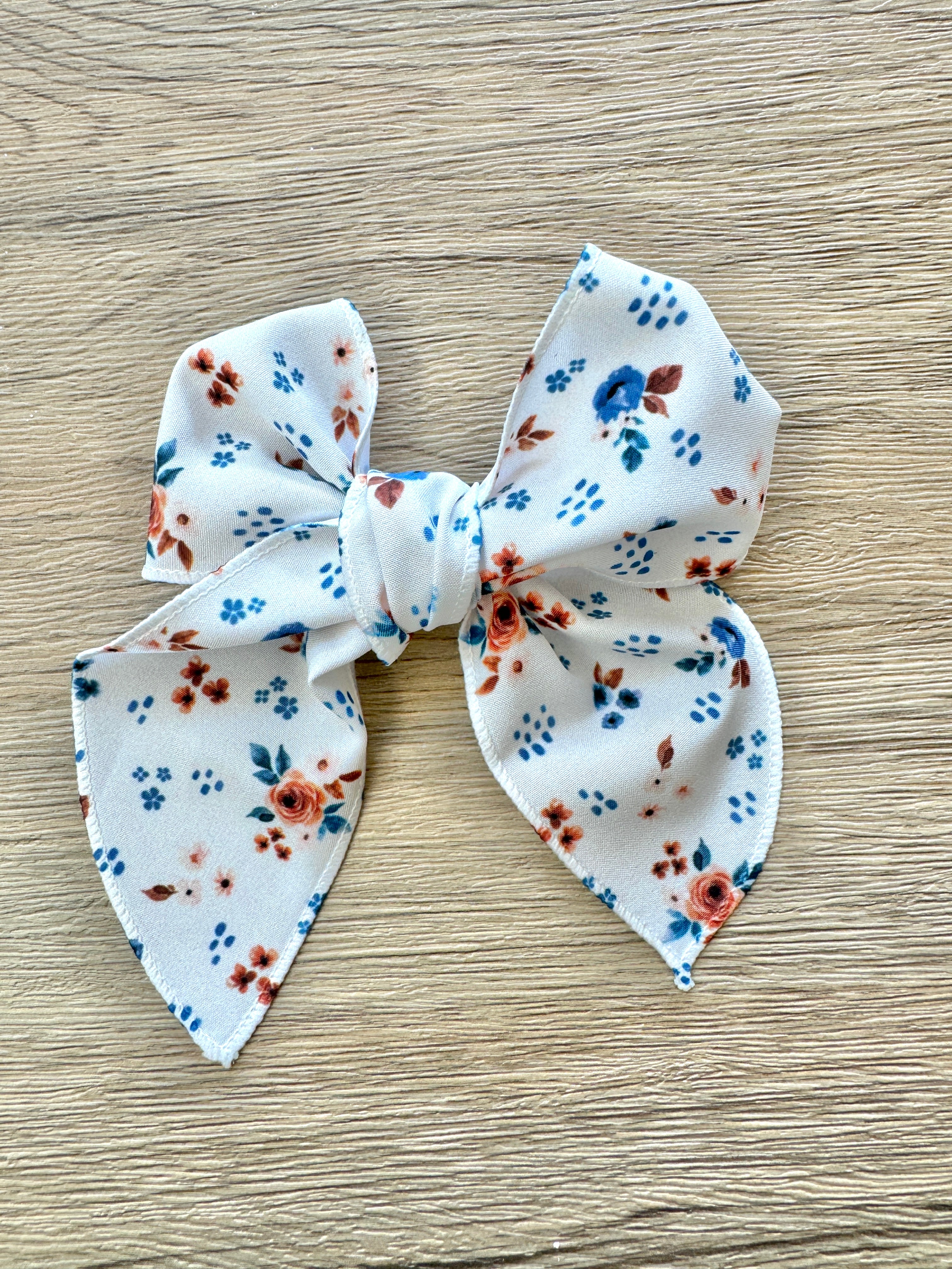 Blue and Brown Floral Hand Tied Bow
