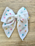 White Velvet Pearl Hand Tied Bow- Large