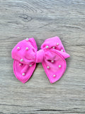 Barbie Pink Velvet Pearl Hand Tied Bow- Small