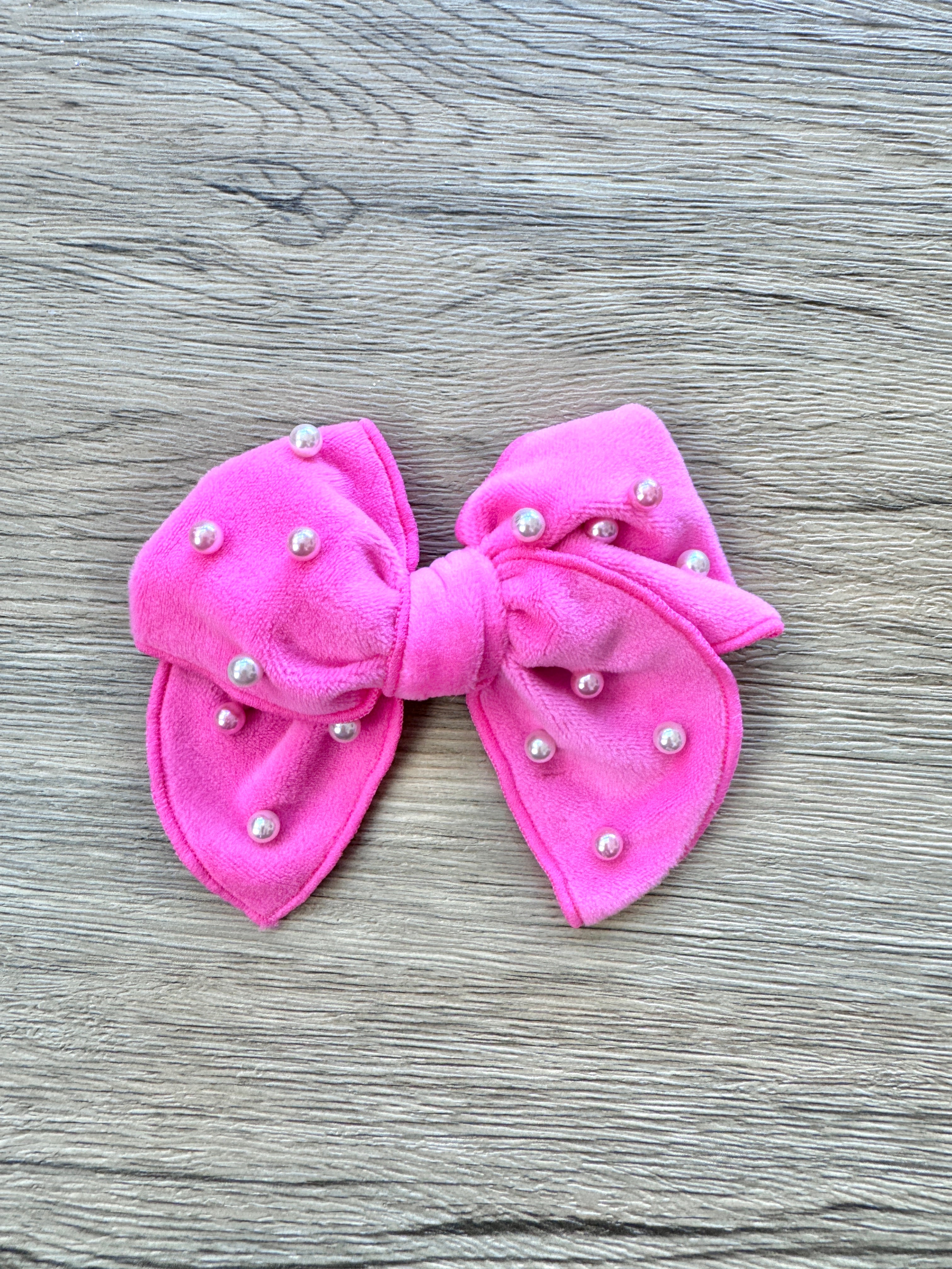 Barbie Pink Velvet Pearl Hand Tied Bow- Small