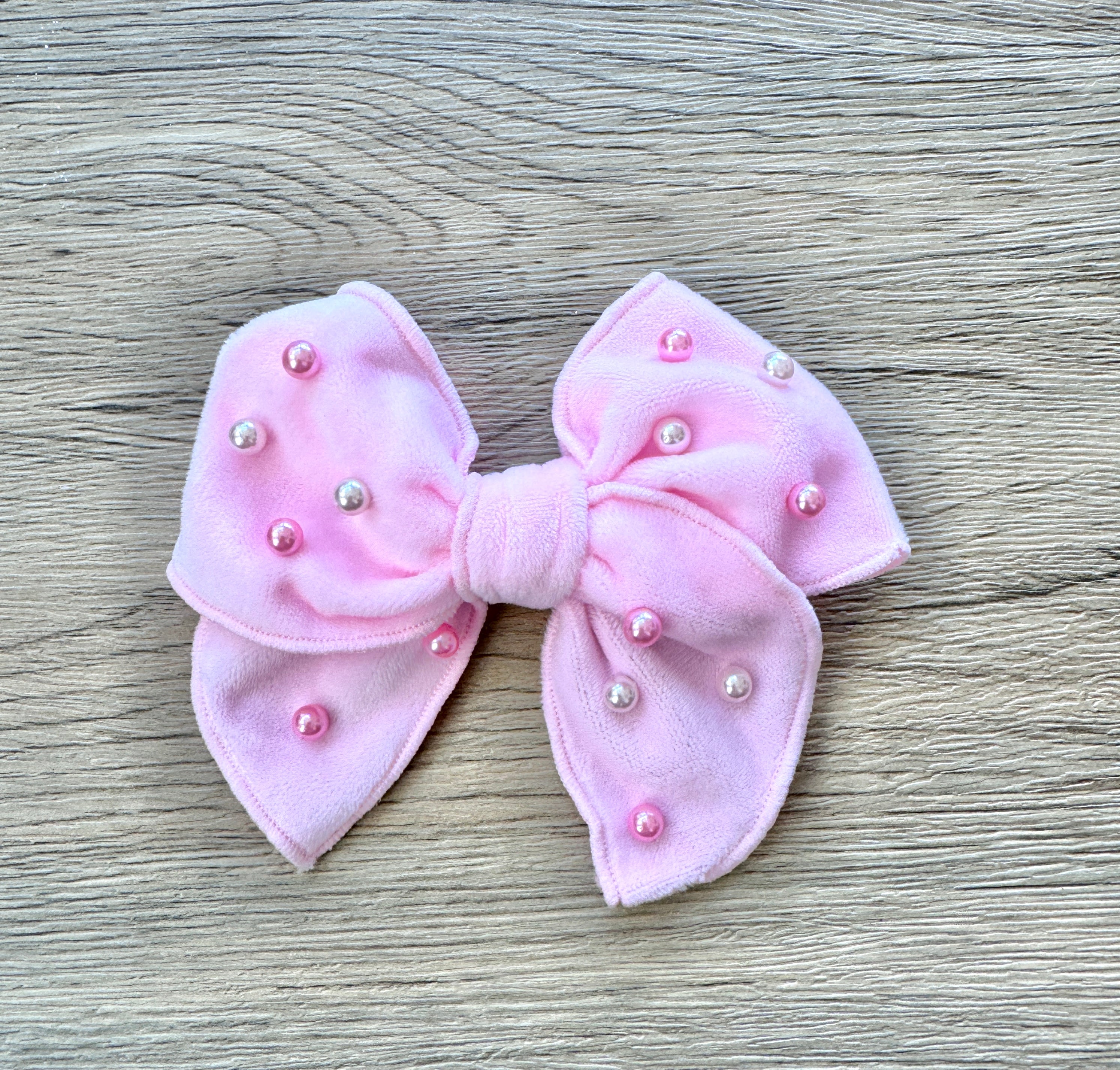 Light Pink Velvet Pearl Hand Tied Bow- Small