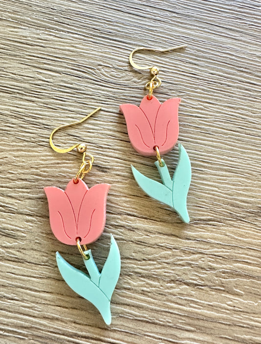 Coral and Mint Tulip Earrings