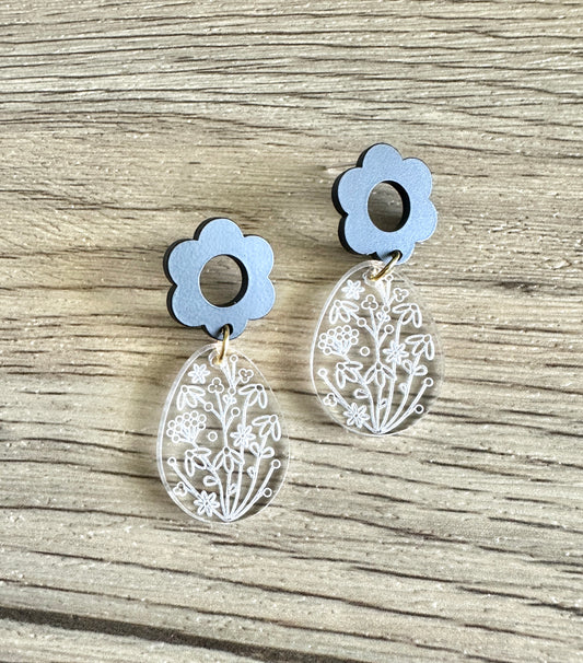 Black Daisy Stud Teardrop Floral Engraved Earrings