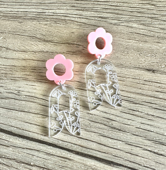 Pink Daisy Stud Open Tulip Engraved Earrings
