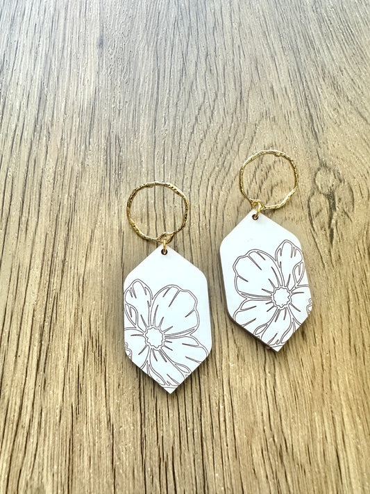 White and Gold Hexagon Flower Stud Drop Earrings