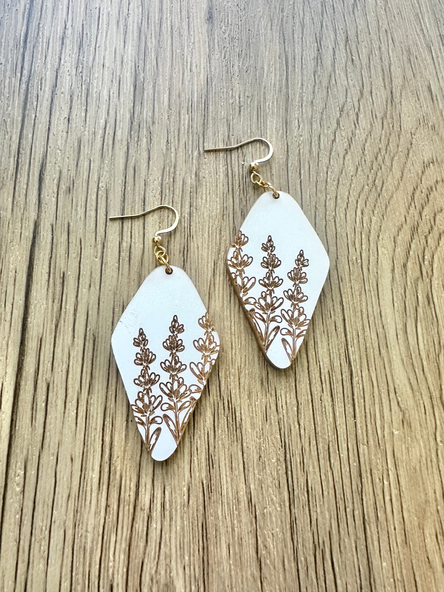 White and Gold Diamond Wildflower Engraved Earrings