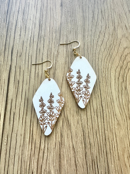 White and Gold Diamond Wildflower Engraved Earrings