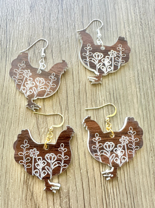 Wood look Floral Chicken Earrings