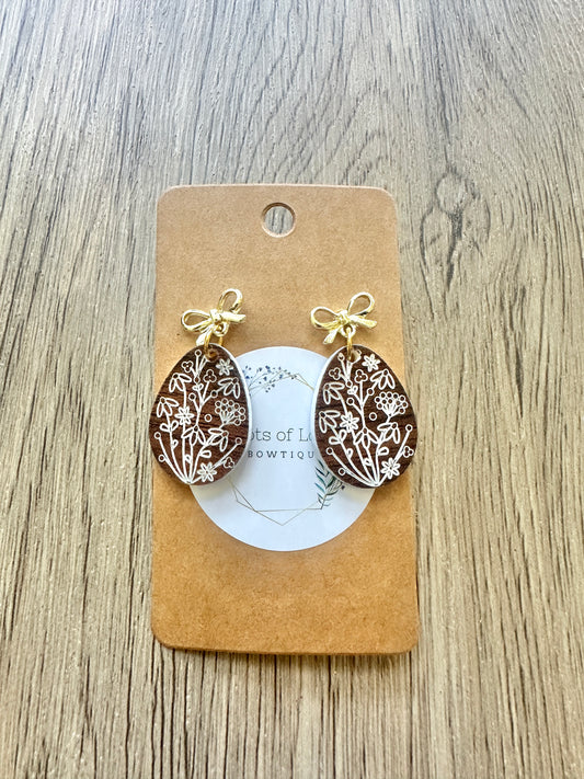 Wood look Oval Floral Bow Stud Earrings