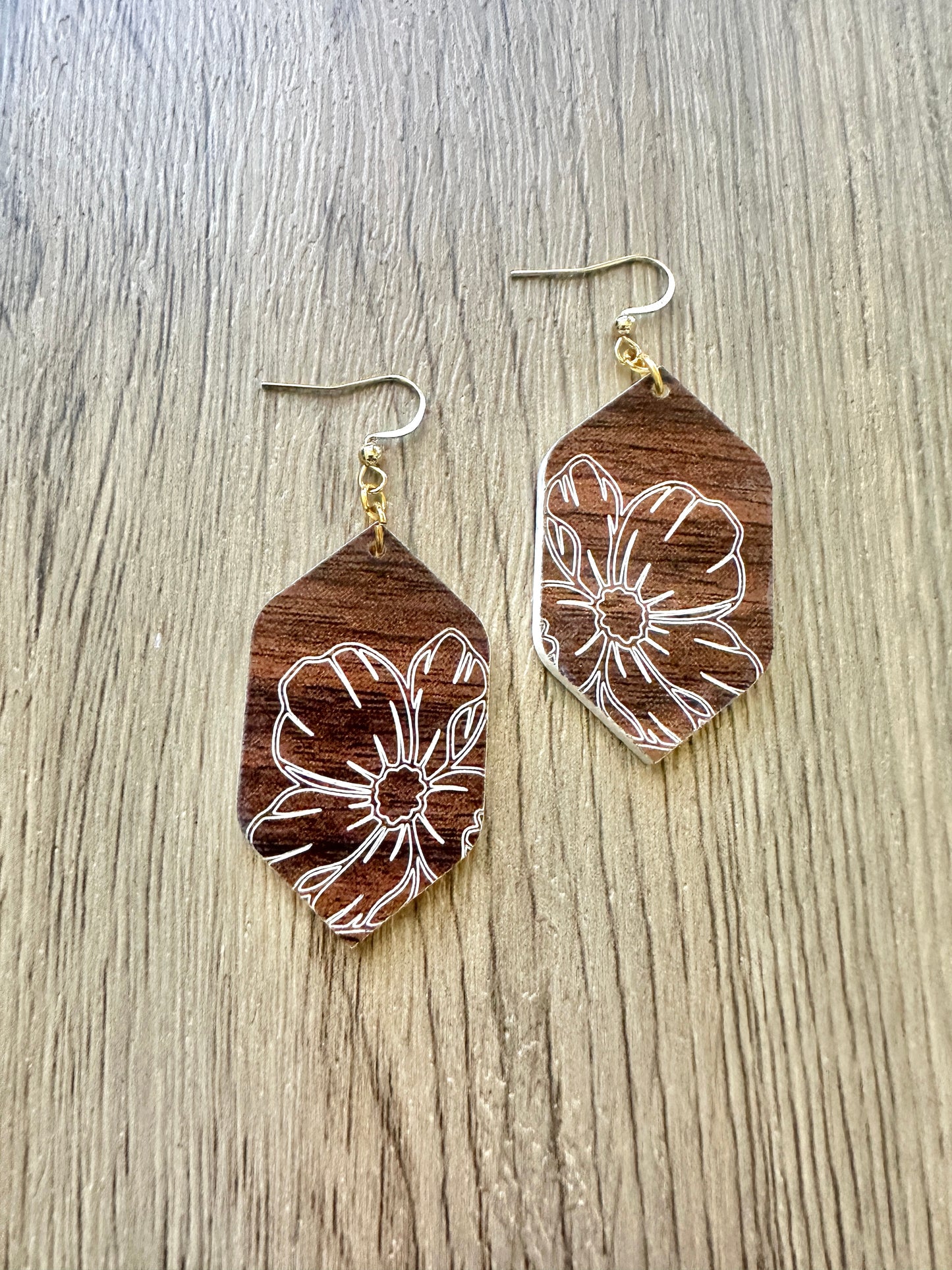 Wood look Hexagon Flower Earrings