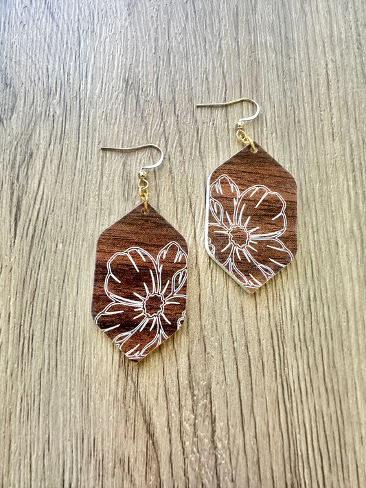 Wood look Hexagon Flower Earrings