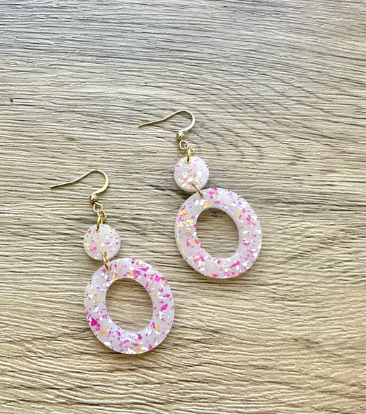 Pink and Gold Glitter Hollow Circle Earrings