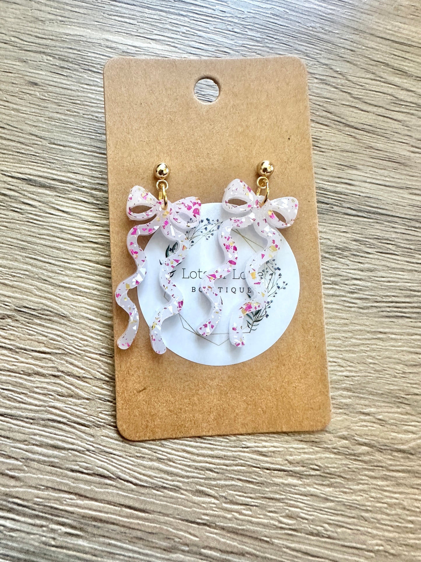 Pink and Gold Glitter Flowy Bow Stud Drop Earrings
