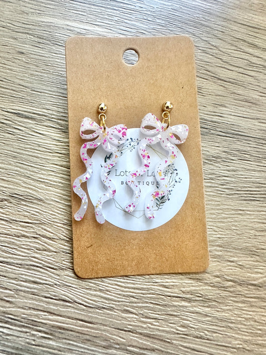 Pink and Gold Glitter Flowy Bow Stud Drop Earrings