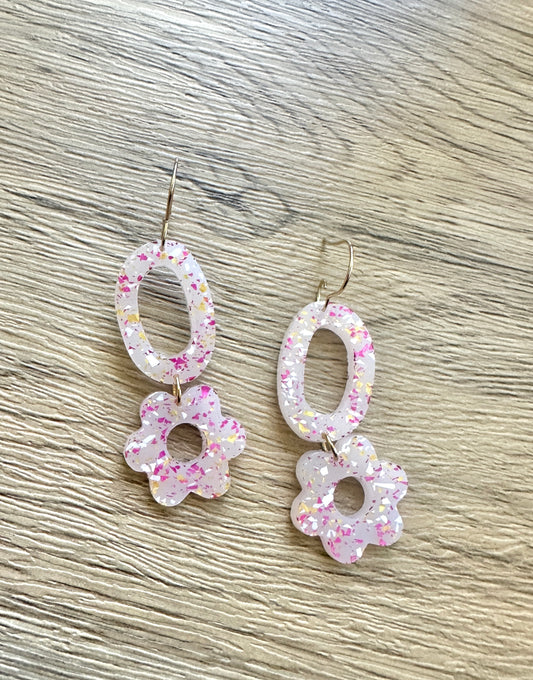 Pink and Gold Glitter Oval Daisy Earrings