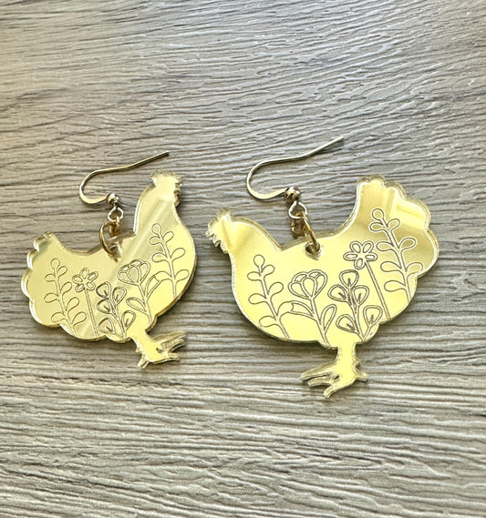 Gold Mirror Floral Chicken Earrings- Super lightweight