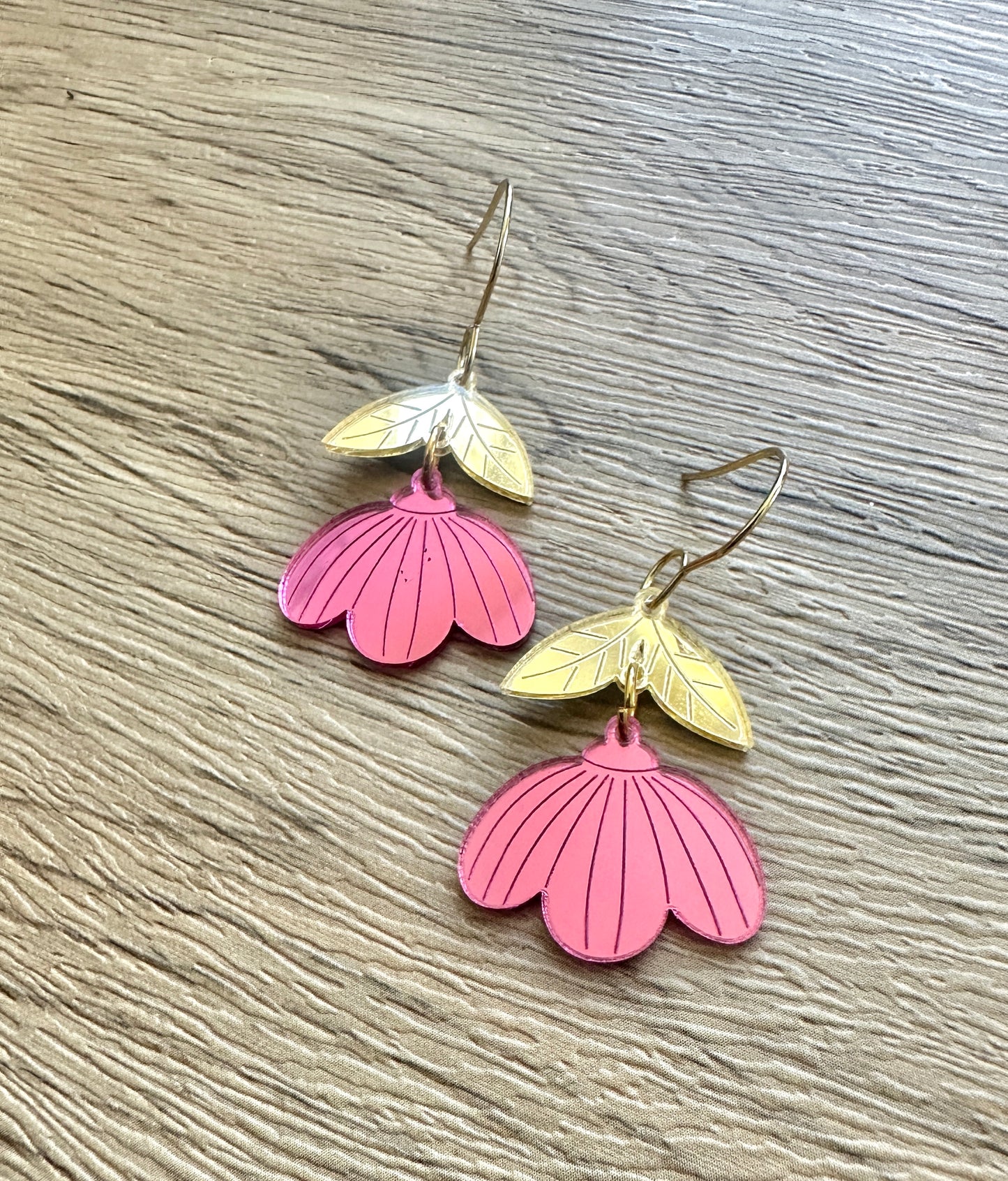 Gold and Fuscia Mirror Wildflower Earrings- Super light