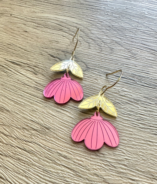 Gold and Fuscia Mirror Wildflower Earrings- Super light