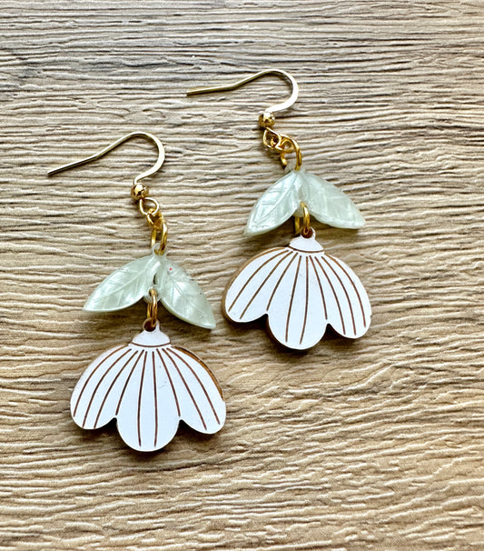 White and Gold With Pearl Mint Wildflower Earrings