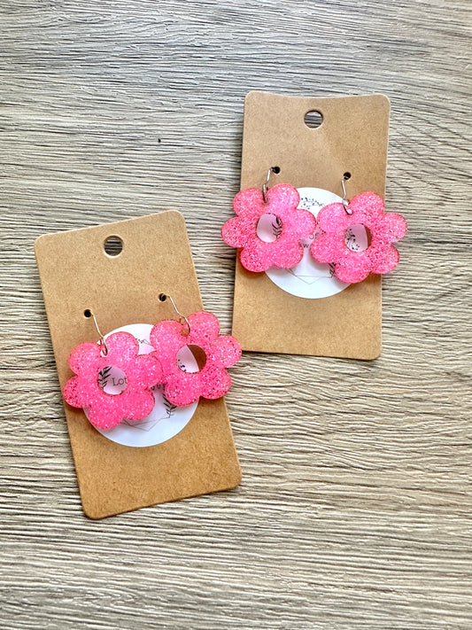 Neon Pink Glitter Daisy Earrings