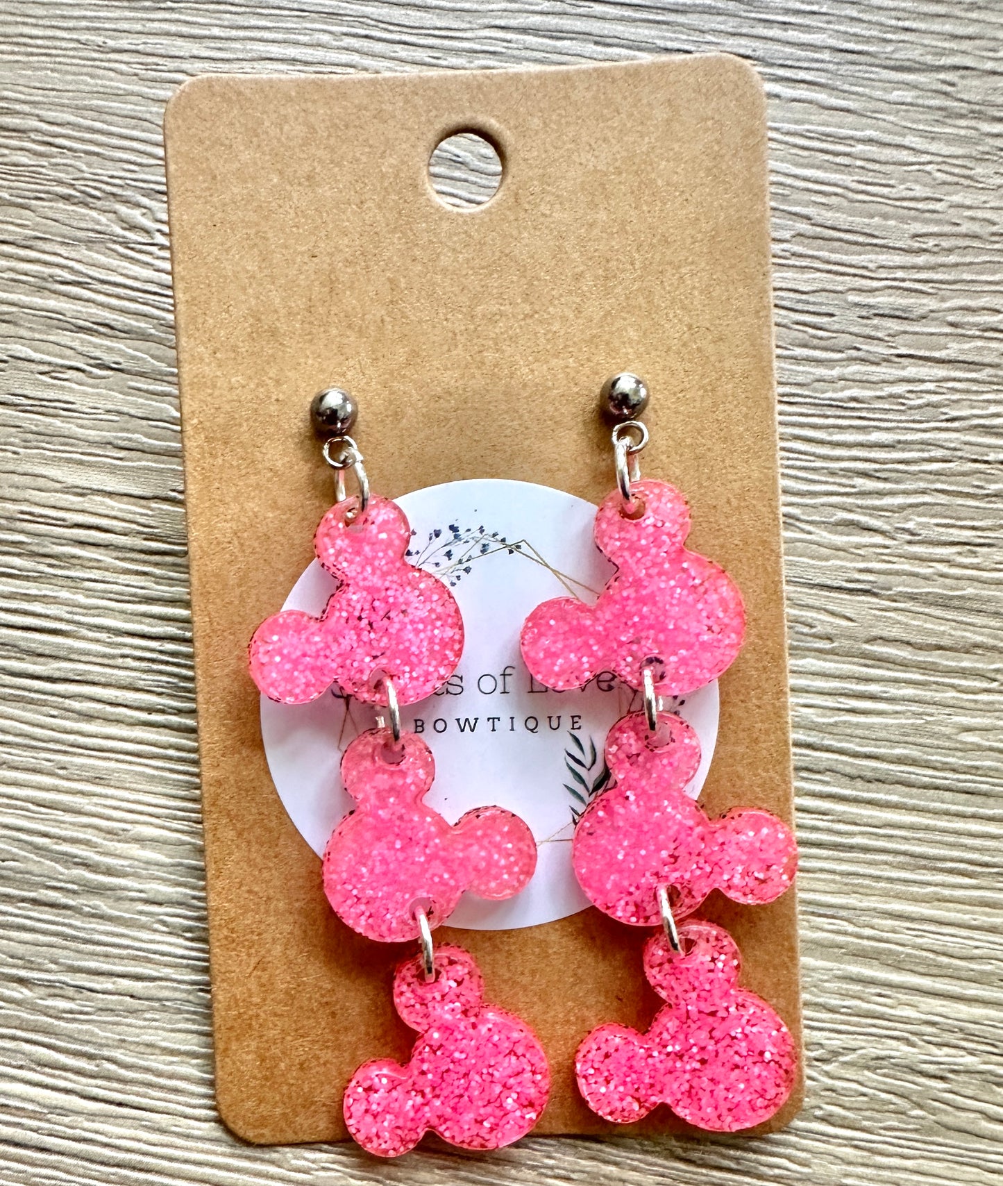 Neon Pink Glitter Triple Mouse Earrings
