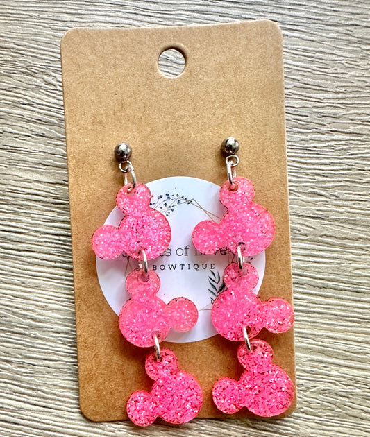 Neon Pink Glitter Triple Mouse Earrings