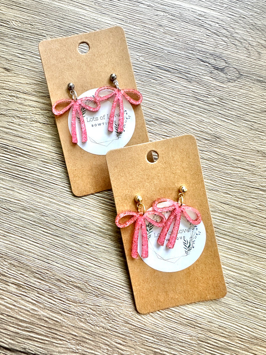 Neon Pink Glitter Bow Stud Drop Earrings