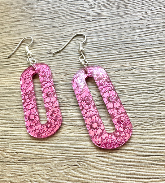 Fuchsia Mirror Oval Floral Engrave Earrings- Super lightweight