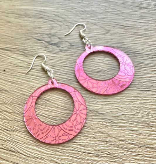 Fuchsia Mirror Hollow Circle Floral Engrave Earrings- Super lightweight