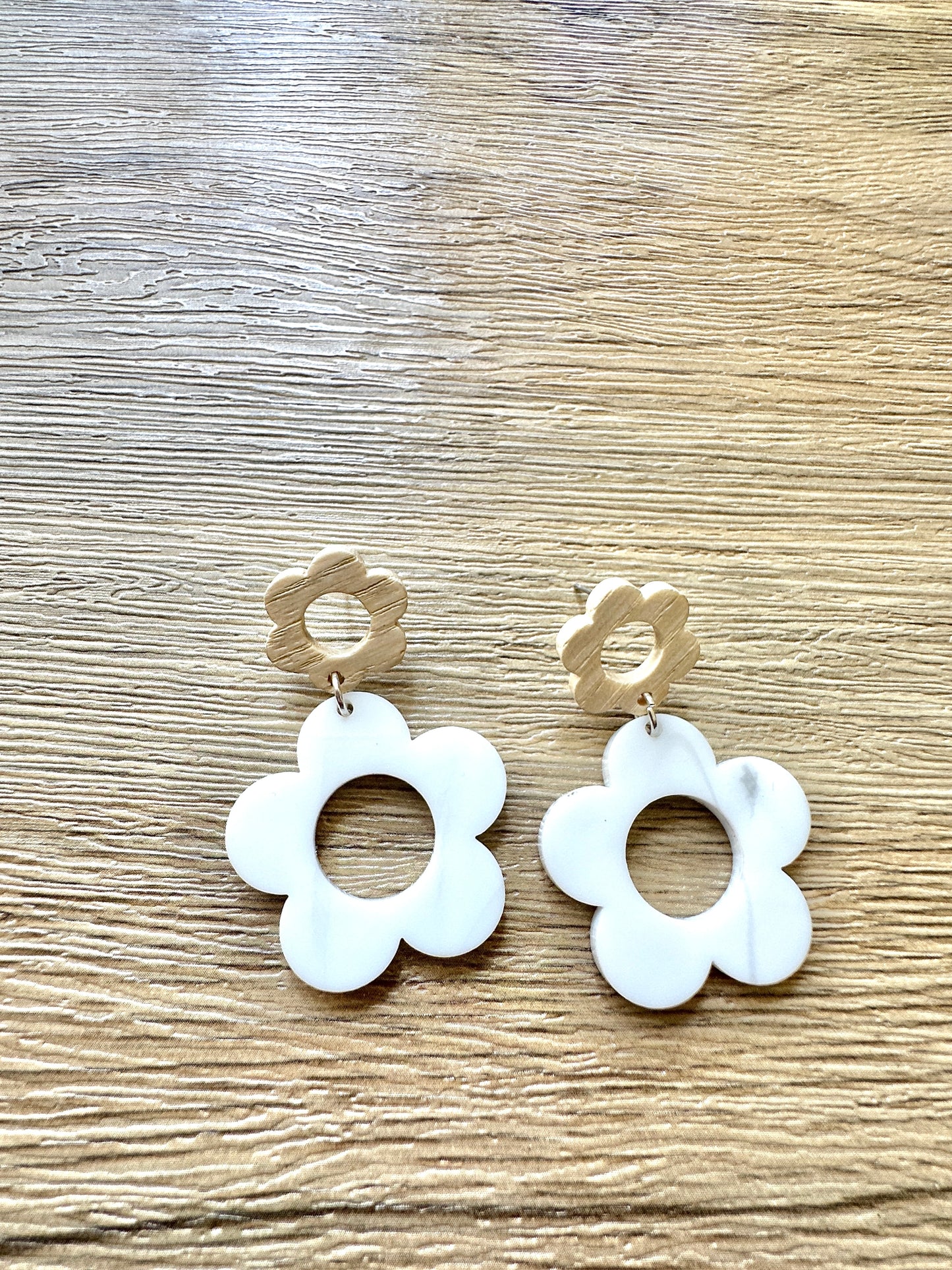 Marble Acrylic Daisy with Wood Drop Earrings