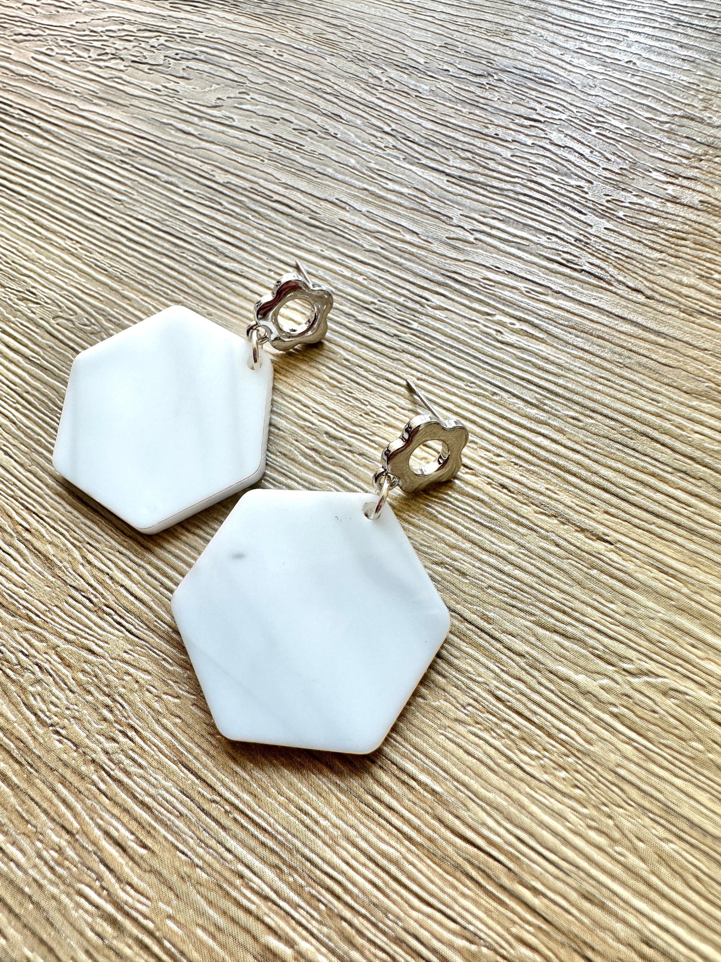 Marble Acrylic Hexagon with Silver Daisy Earrings