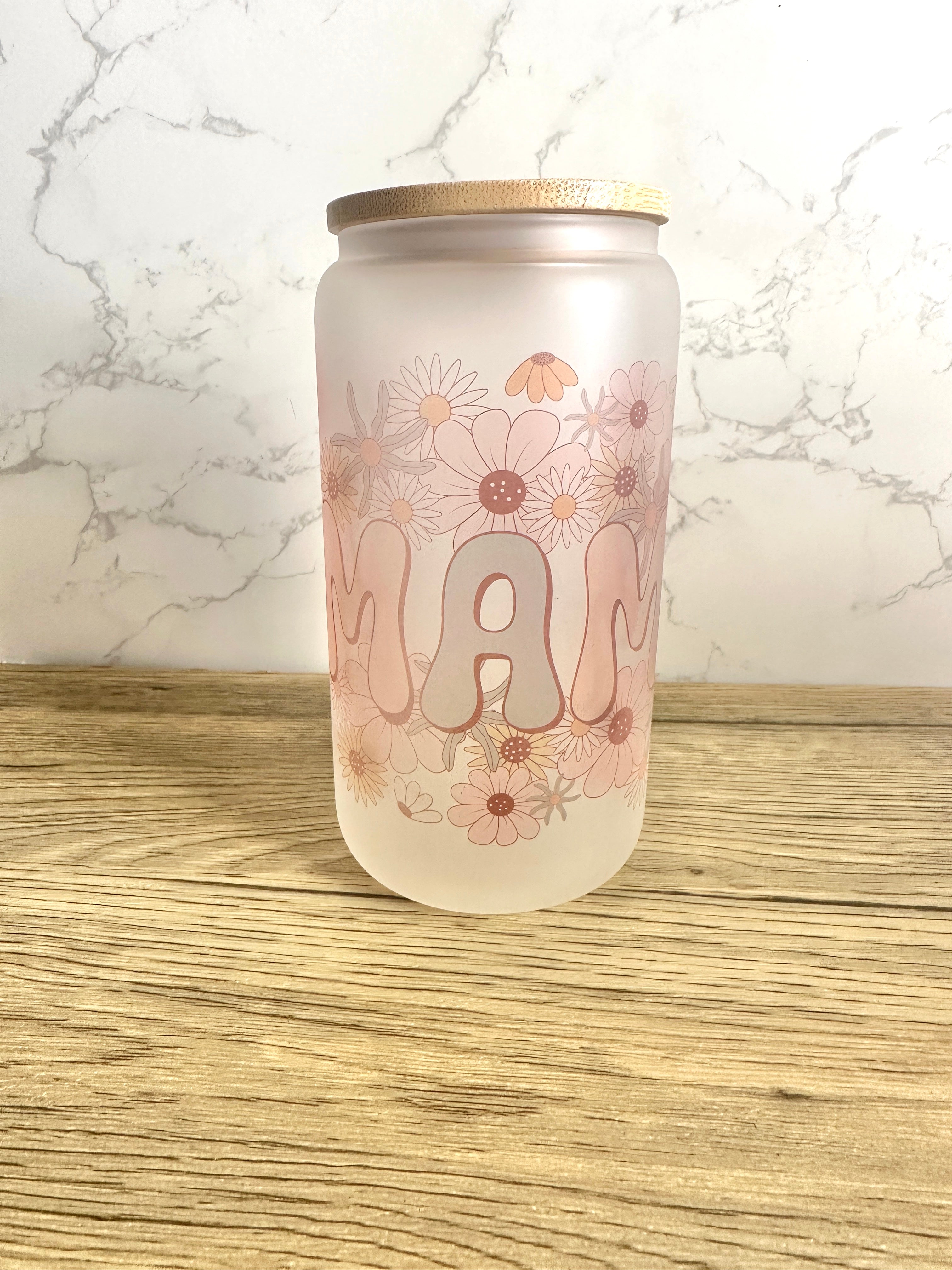 Mama Floral 16 oz Frosted Glass Cup