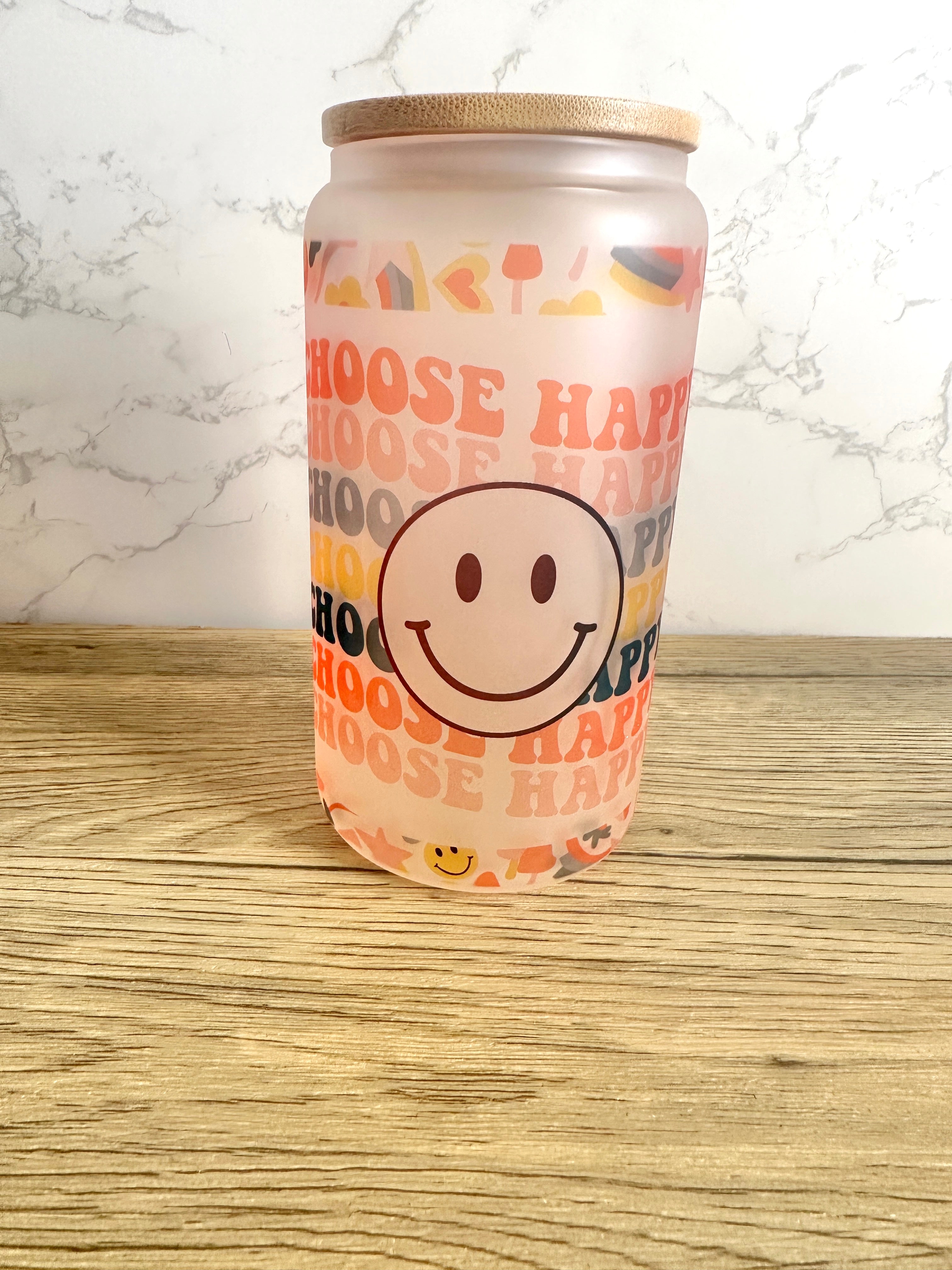 Choose Happy 16 oz Frosted Glass Cup