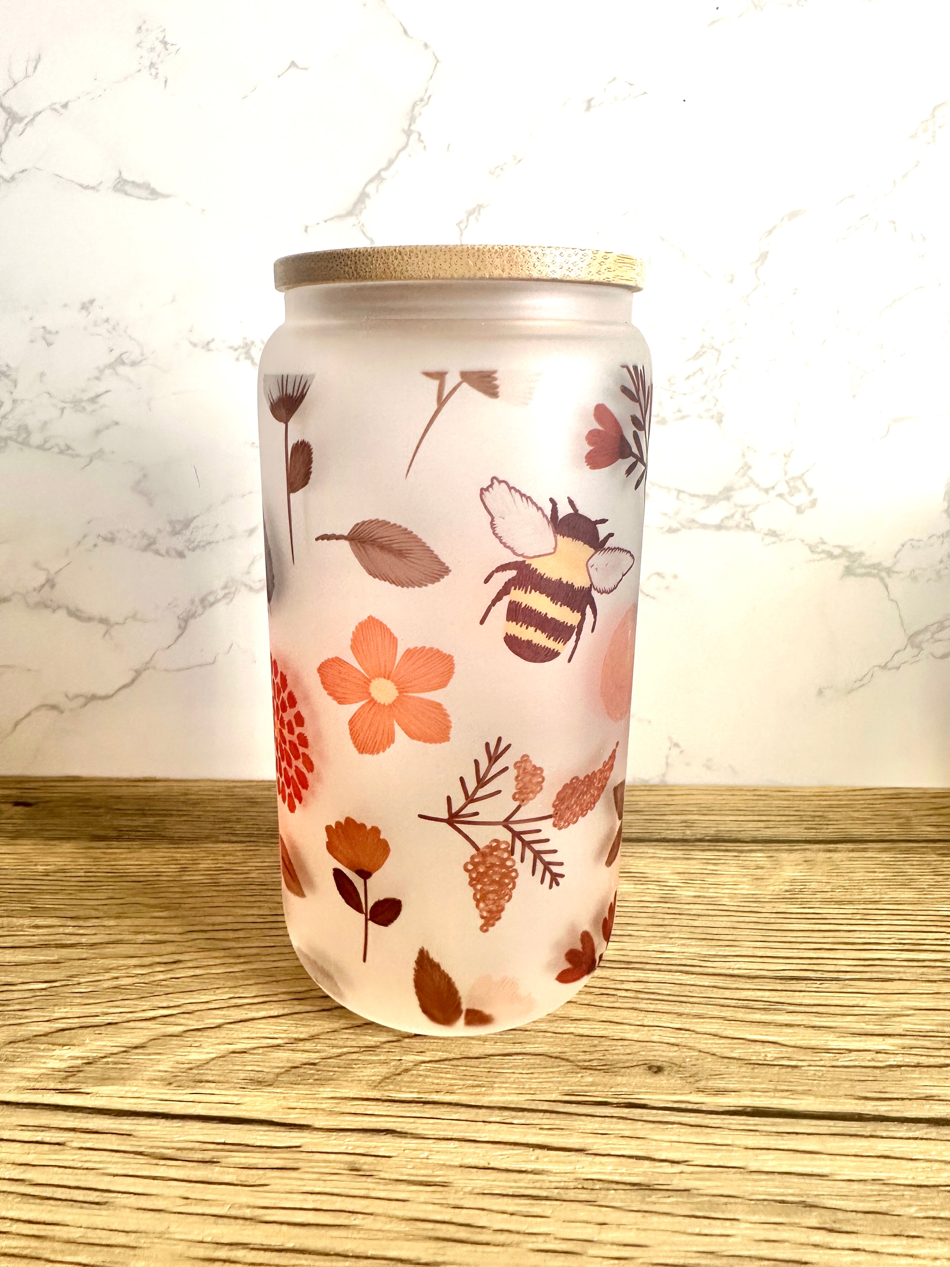 Bees and Flowers 16 oz Frosted Glass Cup