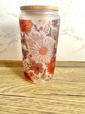 White Daisy Floral 16 oz Frosted Glass Cup