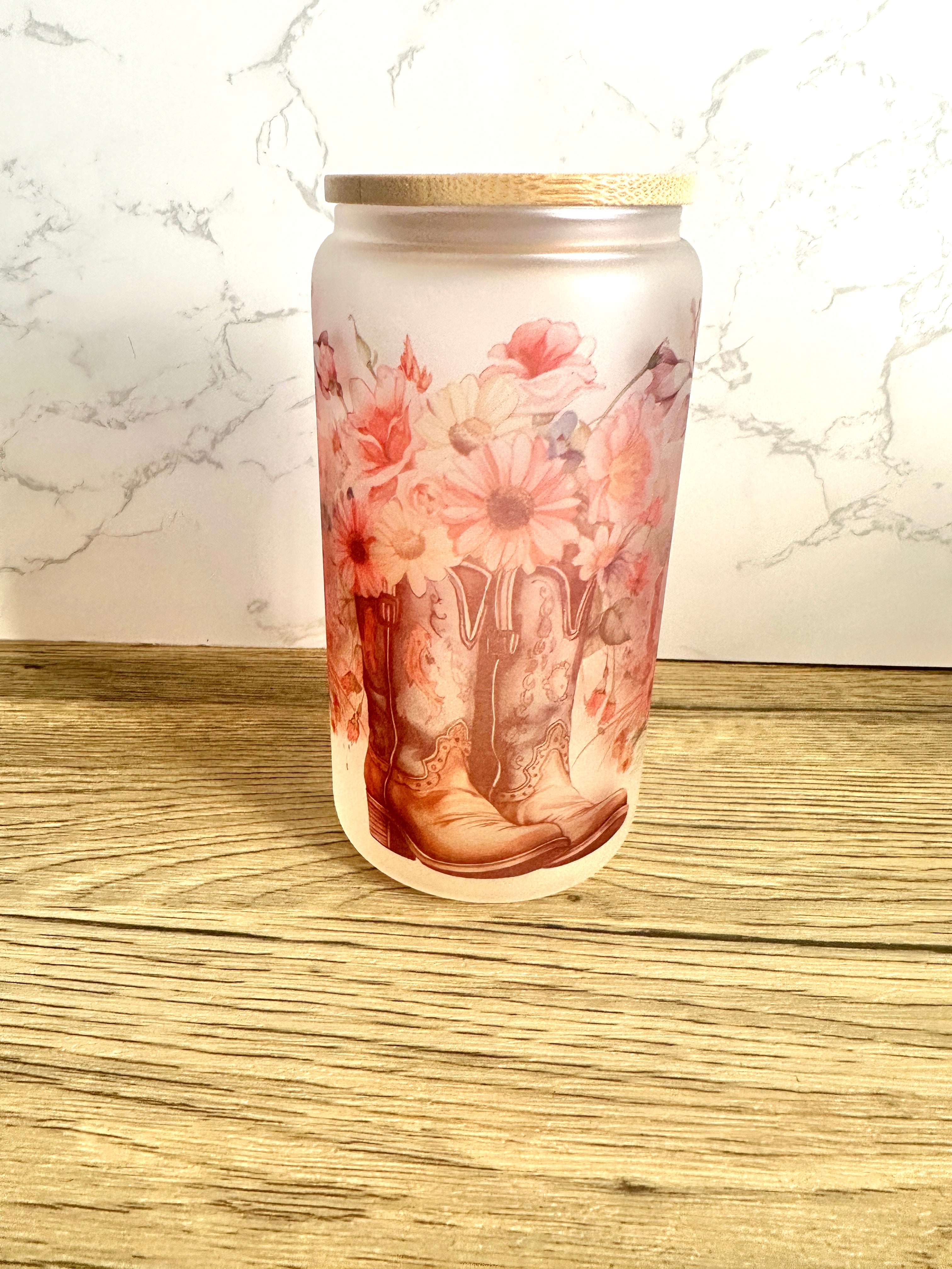 Boots and Floral 16 oz Frosted Glass Cup