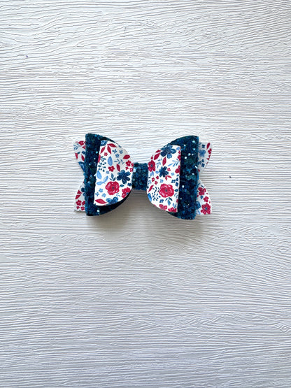 Teal Glitter Patriotic Floral Payton Bow